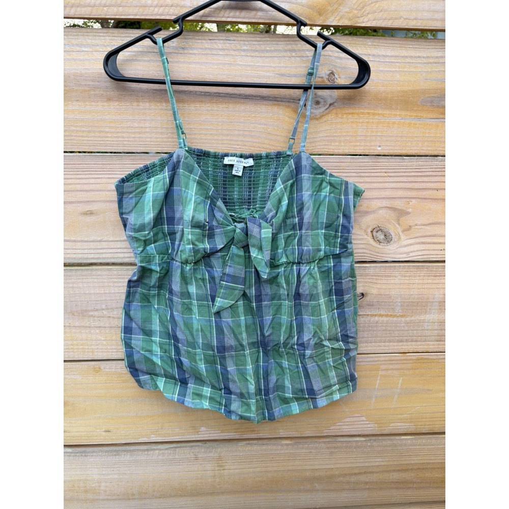 Free Assembly Green Plaid Tie Front Smocked Camisole Top Womens Large L